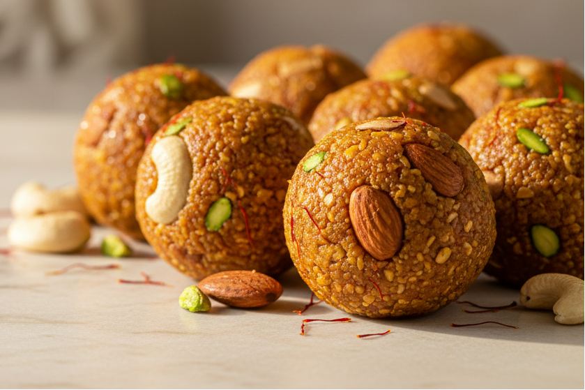 "Create a high-quality, premium banner image showcasing delicious dry fruits laddus. The image should have a clean and elegant background, highlighting the richness of the ingredients like almonds, cashews, and pistachios. The dimensions should be suitable for a Shopify banner, with a width of around 1200px and height of 400px. The image should look appetizing, with warm tones and a focus on the texture and freshness of the laddus."
